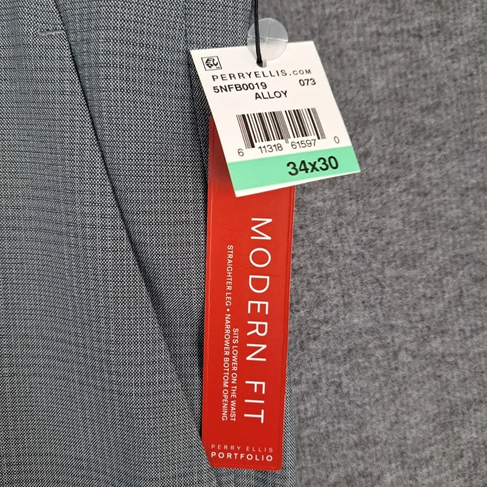 Perry Ellis Mens Modern Fit Dress Pant 36x30* Gray Windowpane Stretch Luxury NWT